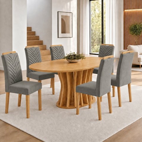 Conjunto de Mesa de Jantar Orgânica 6 Cadeiras MDF 180x90cm Cinamomo e Cinza