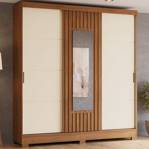 Guarda Roupa 3 Portas Deslizantes com Aplique Ripado 2 Gavetas e Pés em ABS Espresso Móveis Bege/Nature/Off White