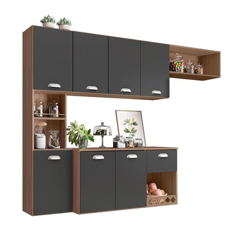 Kit Cozinha Compacta Suspensa Mila  Moderna Premium Completa Balcão Cor Carvalho/Grafite