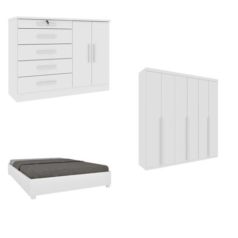 Quarto Casal Completo Guarda-Roupa 6 Portas Milano, Cama Monaco e Cômoda Istambul Espresso Móveis Branco/Neve