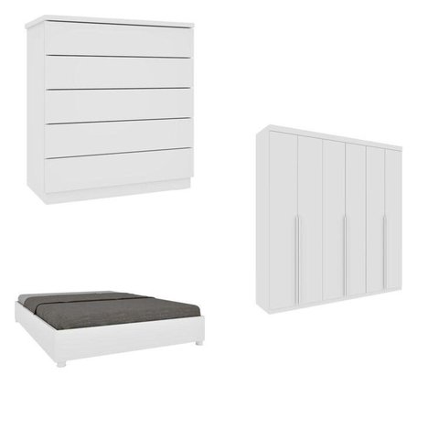 Quarto Casal Completo Guarda-Roupa 6 Portas Milano, Cama Monaco e Cômoda Premium Espresso Móveis Branco/Neve
