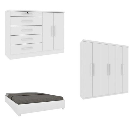 Quarto Casal Completo Guarda-Roupa 6 Portas Lima, Cama Monaco e Cômoda Istambul Espresso Móveis Branco/Neve