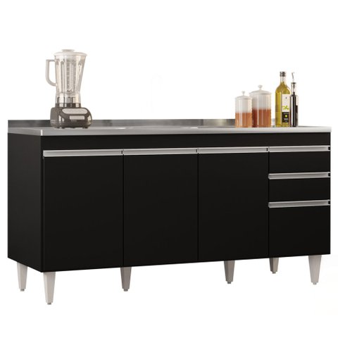 Balcão Gabinete com Pia Inox 160cm Arkansas Preto - Lumil Lumil Móveis