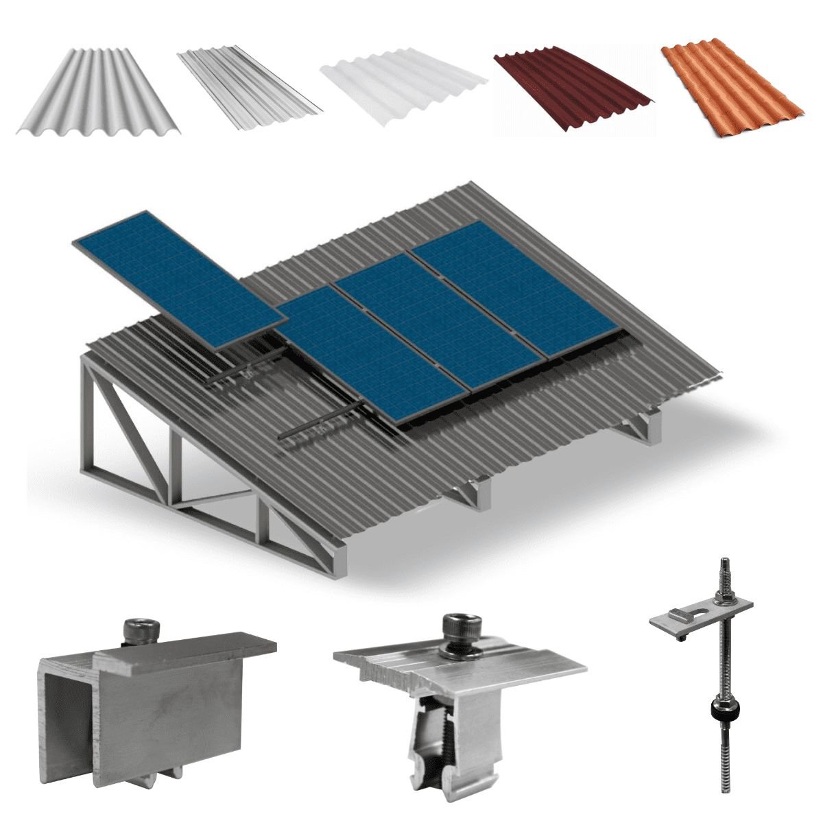 Kit Estrutura Suporte Fixador para 04 Placas Solar Alumínio e Inox Telha Fibro Ondulada em Viga Metá