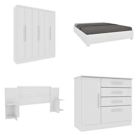 Quarto Casal Completo Guarda-Roupa 6 Portas Munique Cama Mônaco com Cabeceira e Cômoda Chicago Espre Branco/Neve