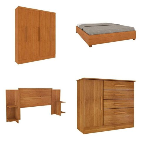 Quarto Casal Completo Guarda-Roupa 6 Portas Munique Cama Mônaco com Cabeceira e Cômoda Chicago Espre Bege/Cinamomo