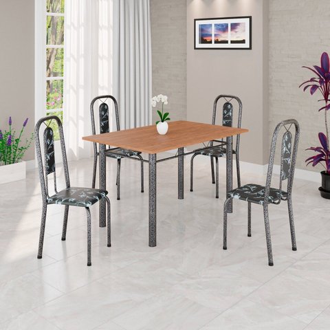 Conjunto de Mesa Tubular 120cm x 72cm Tampo MDF com 4 Cadeiras Lívia Prata/Preto Floral/Mart