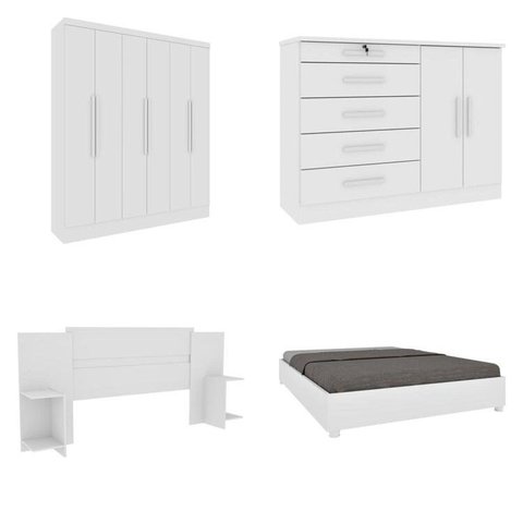 Quarto Casal Completo Guarda-Roupa 6 Portas Munique Cama Mônaco com Cabeceira Cômoda Istambul Espres Branco/Neve