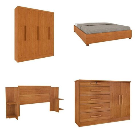 Quarto Casal Completo Guarda-Roupa 6 Portas Munique Cama Mônaco com Cabeceira Cômoda Istambul Espres Bege/Cinamomo
