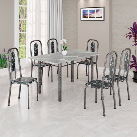 Conjunto de Mesa Tubular 140cm x 75cm Tampo Granito Topázio com 6 Cadeiras Lívia Prata/Preto