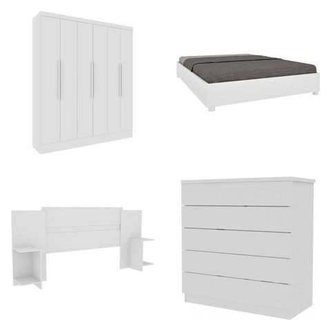 Quarto Casal Completo Guarda-Roupa 6 Portas Munique Cama Mônaco com Cabeceira Cômoda Premium Espress Branco/Neve