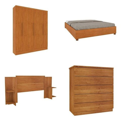 Quarto Casal Completo Guarda-Roupa 6 Portas Munique Cama Mônaco com Cabeceira Cômoda Premium Espress Bege/Cinamomo