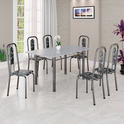 Conjunto de Mesa Tubular 140cm x 75cm Tampo Granito Ocre com 6 Cadeiras Lívia Prata/Preto
