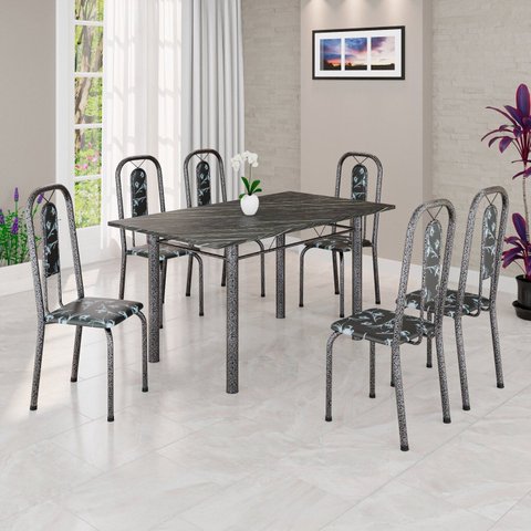 Conjunto de Mesa Tubular 140cm x 75cm Tampo Ardósia Indiano com 6 Cadeiras Lívia Prata/Preto