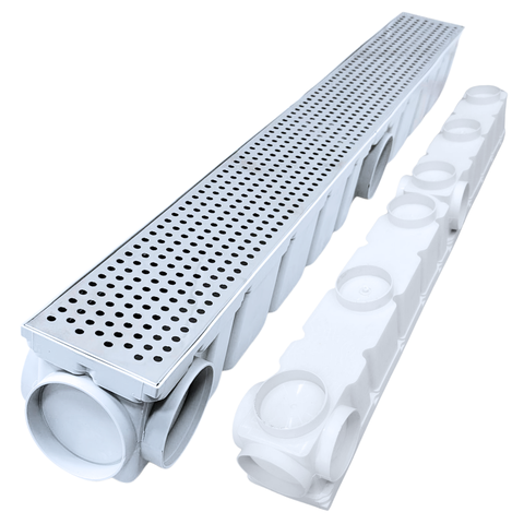 Ralo Quintal 10x100 Inox Perfurado Coletor Branco Saídas 75mm Borda de Piscina