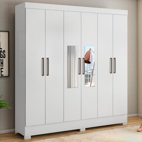 Guarda Roupa Casal 6 Portas com Espelho e 3 Gavetas York - Branco