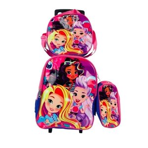 Kit Mochila Infantil com Rodinhas Meninas Princesas Bolsa Escolar Estojo e Lancheira Térmica Rosa