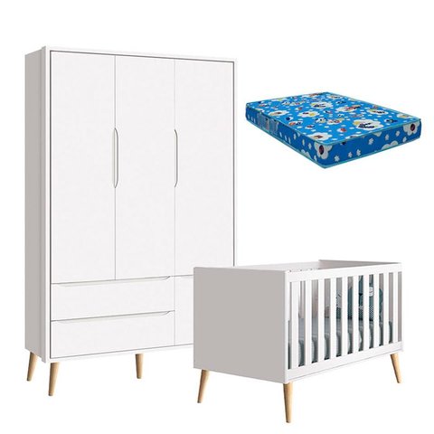 Berço Americano e Guarda Roupa 3 Portas Infantil Theo Branco Acetinado com Pés Madeira Natural e Col