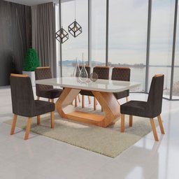 Conjunto Sala de Jantar com Tampo Mdf/vidro 160cmx80cm Mesa Lotus com 6 Cadeiras Viena Luxo - 1