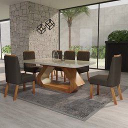 Conjunto Sala de Jantar com Tampo Mdf/vidro 160cmx80cm Mesa Lotus com 6 Cadeiras Viena Luxo - 1