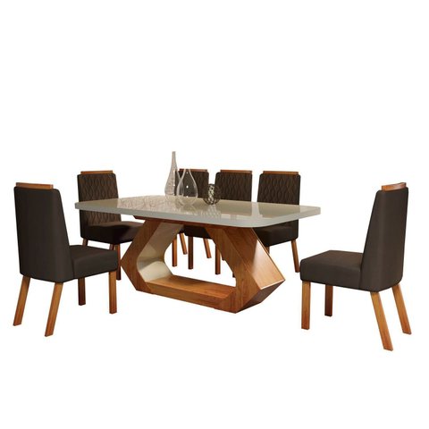 Conjunto Sala de Jantar com Tampo Mdf/vidro 160cmx80cm Mesa Lotus com 6 Cadeiras Viena Luxo