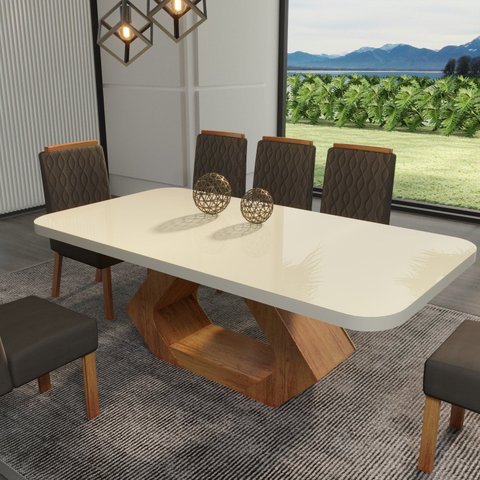 Conjunto Sala de Jantar com Tampo MDF/Vidro 180CMX90CM Mesa Lotus com 6 Cadeiras Viena Luxo Off White/Marromle/Marrom