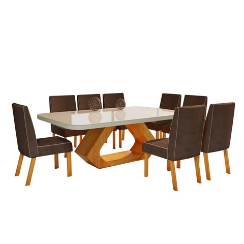 Conjunto Sala de Jantar com Tampo Mdf/vidro 220cmx110cm Mesa Lotus com 8 Cadeiras Liz