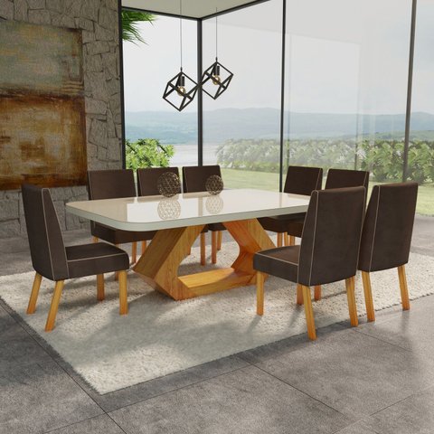 Conjunto Sala de Jantar com Tampo Mdf/vidro 220cmx110cm Mesa Lotus com 8 Cadeiras Liz