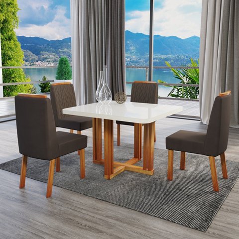 Conjunto Sala de Jantar com Tampo MDF/Vidro 90CMX90CM Mesa Paolla com 4 Cadeiras Viena Luxo Off White/Marromle/Marrom
