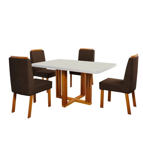 Conjunto Sala de Jantar com Tampo MDF/Vidro 120CMX80CM Mesa Paola com 4 Cadeiras Viena Luxo Off White/Marromle/Marrom