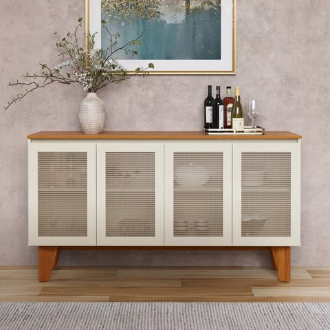 Buffet 4 Portas com Tela Indiana na Porta Topazzio Marrom/Nature/Off White