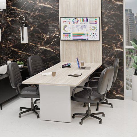 Mesa de Reunião para Escritório com Painel de TV 200x100cm Bege/Carvalho/Branco
