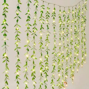 Cortina de Pisca Leds Luz Amarelo com Fio Folhas Jardim 220v