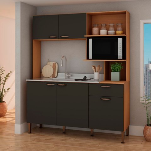 Cozinha Compacta 155 cm sem Tampo 1 Gaveta 5 Portas Cinza/Freijo/Grafite Belga
