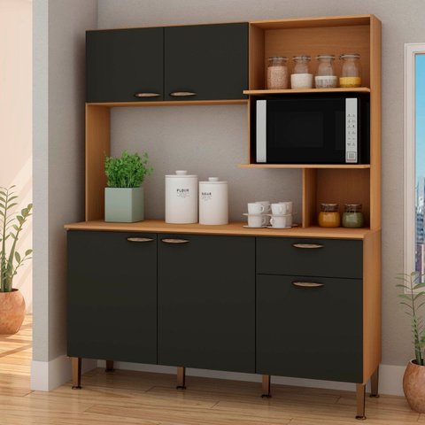 Cozinha Compacta 155 cm com Tampo 1 Gaveta 5 Portas Cinza/Freijo/Grafite Belga