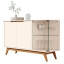 Ver imagem 2 de Buffet Aparador 2 Portas Puxador Usinado Vidro Temperado Pés em Madeira Maciça 100% MDF 136cm Linha 2025 Bege