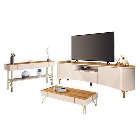 Rack Bancada Elara com Mesa de Centro Cadenza e Aparador Vivant Off White Cinamomo - Hb Móveis