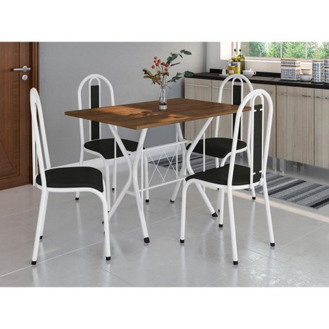 Conjunto De Mesa Tubular Bruna Com 4 Cadeiras 058 Tampo BP 91cm Branco Liso Assento Preto Artefamol 