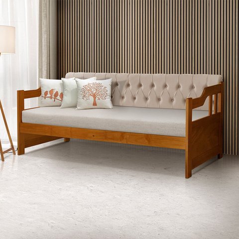 Sofá Cama Dublin Mona Estofado Capitonê Veludo Bege Madeira - Castanho