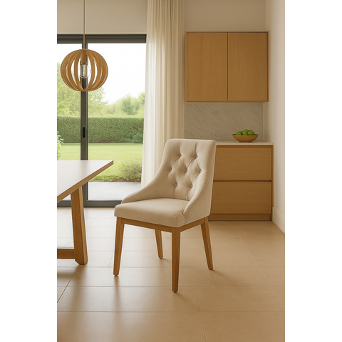 Kit 4 Cadeiras de Jantar Luxo Estofada Elisa Anatômica Capitonê Veludo Bege Base Madeira Maciça Mel