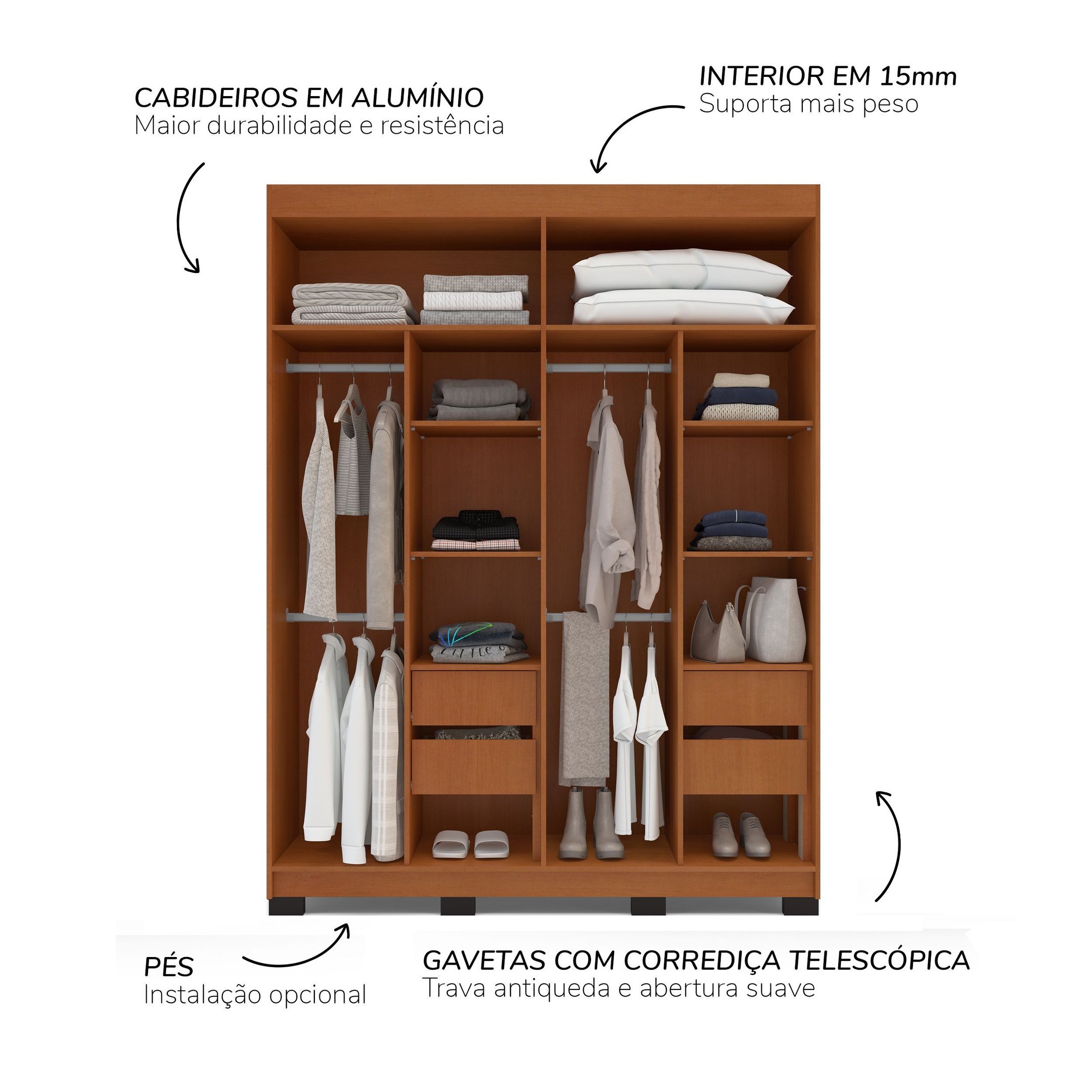 Guarda-Roupa Casal 4 Portas 4 Gavetas com Espelho Porto Cinza