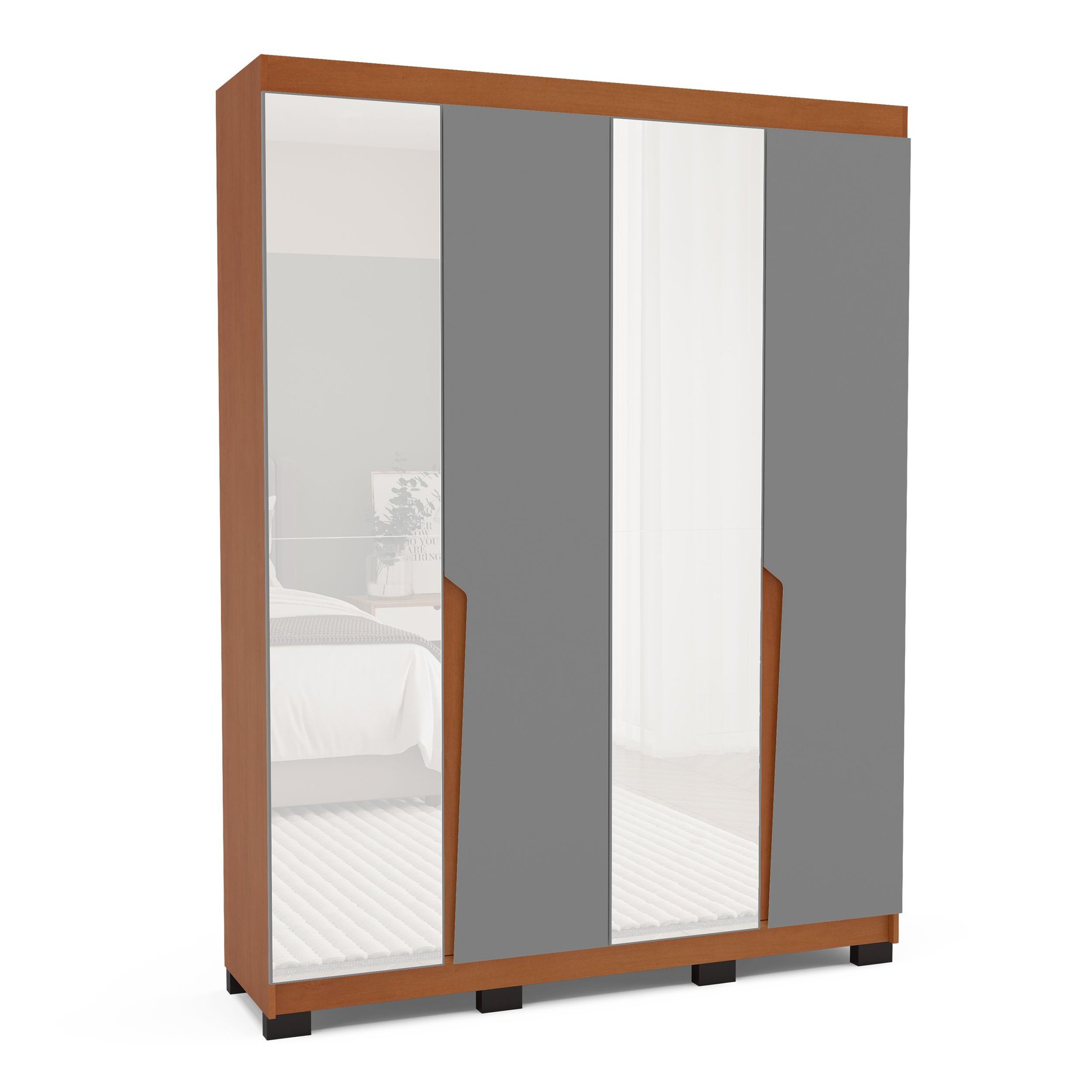 Guarda-Roupa Casal 4 Portas 4 Gavetas com Espelho Porto Cinza