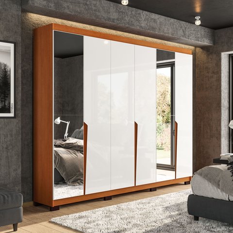 Guarda Roupa 6 Portas 4 Gavetas com Espelho Porto Branco/Freijó