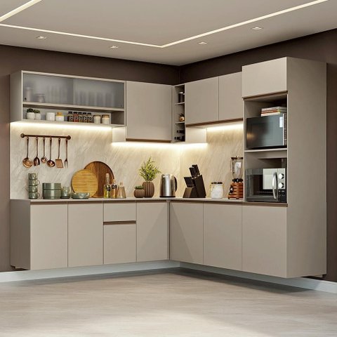 Armário de Cozinha Completa de Canto 445cm Suspensa Crema Nice Madesa 03