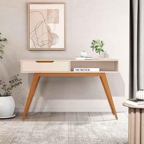 Aparador Puxador Usinado e Pés em Madeira Maciça 100% MDF 136cm Linha 2025 Bege
