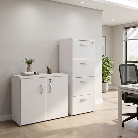 Conjunto Office Armário Baixo e Gaveteiro Arquivo 4 Gavetas 127cm Branco