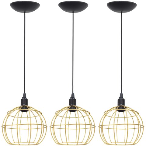 3 Pendentes Aramado Globo Luminária Lustre Teto Retrô Vintage Industrial Balcão Dourado