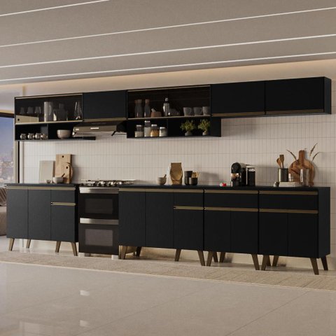 Armário de Cozinha Completa Atlanta Base com Vidro Carraro Preto Touch