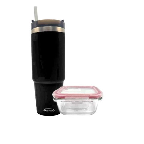 Pote Vidro Hermético Marmita 1l e Copo com Canudo 900ml Preto