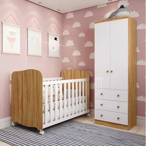 Quarto de Bebê Guarda-Roupa 2 Portas e Berço Teka 100% MDF Espresso Móveis Branco Brilho/Amêndoa